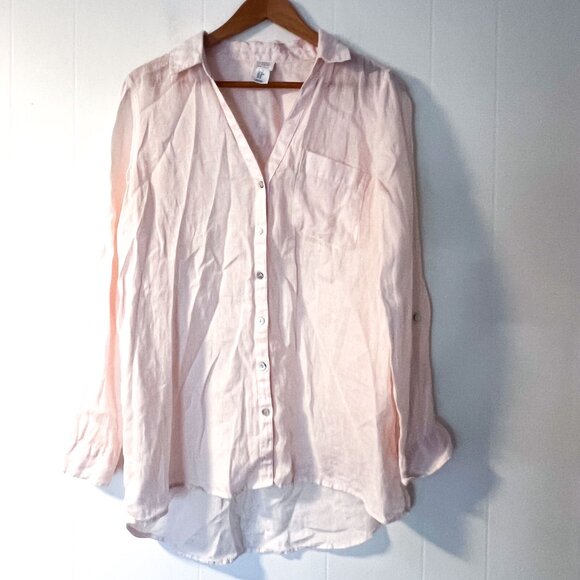 Sigrid Olsen pure linen split neck button front shirt Pale Pastel Pink Medium - Picture 2 of 8
